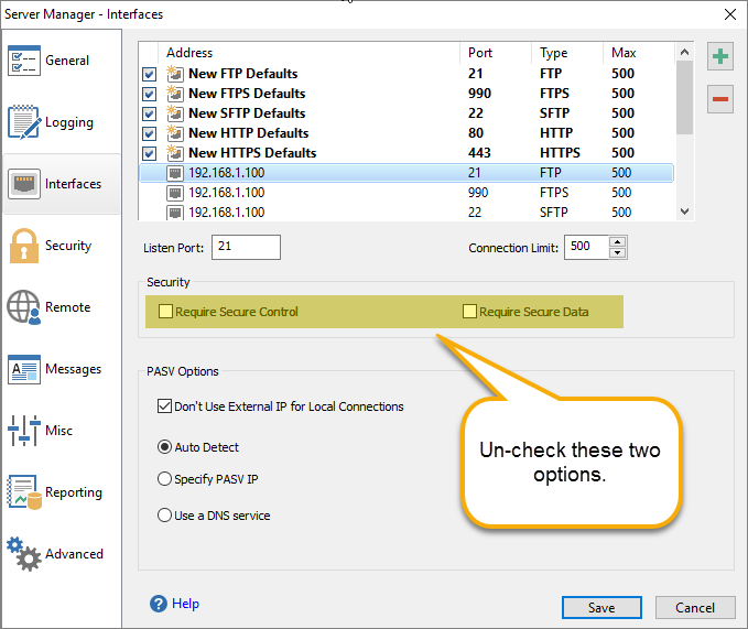 Disable Require Secure FTP