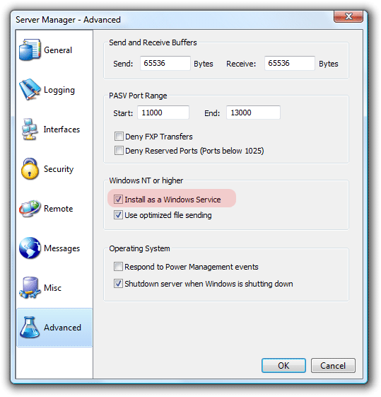 Advanced tab of Cerberus FTP Server