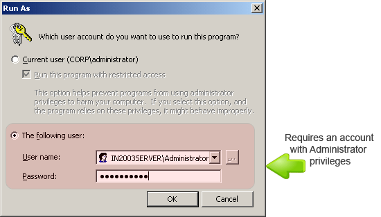 Windows run as credentials dialog prompt