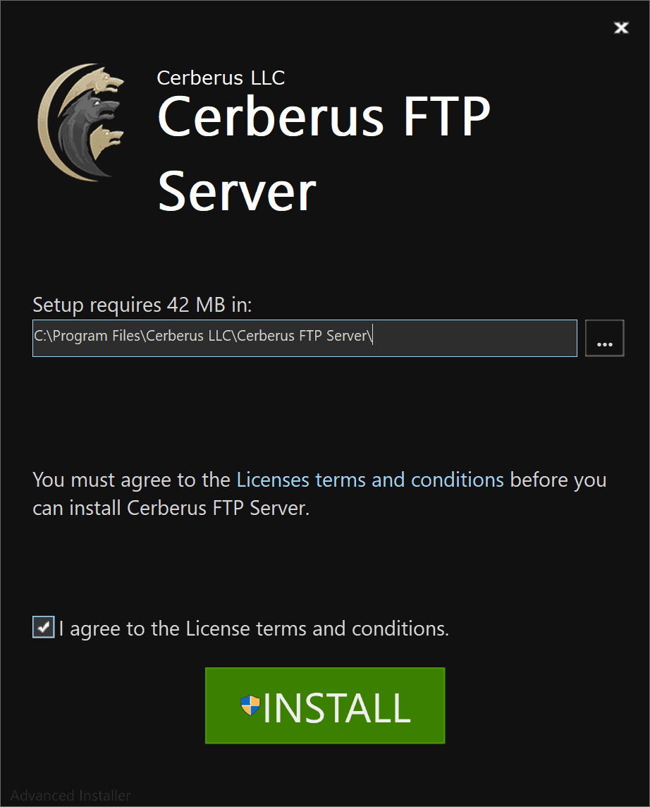 Initial Cerberus FTP Server Installer page