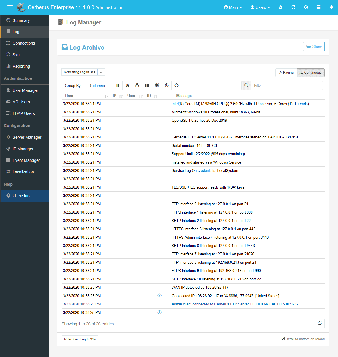 Continuous Log View in Cerberus FTP Server 11.1