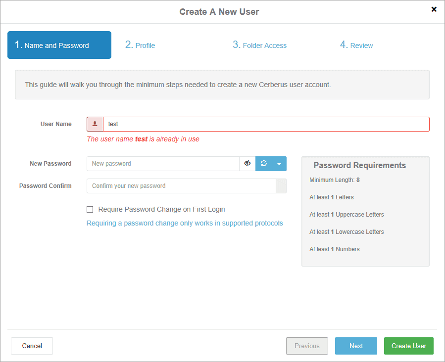 New User Wizard - Username and Password Selection Step