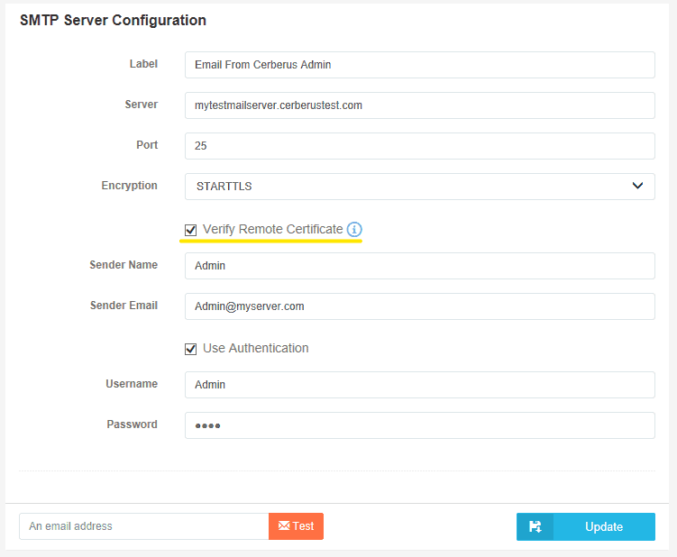Screenshot of SMTP Server Configuration