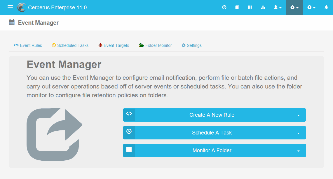 Cerberus FTP Server Event Manager Overview page