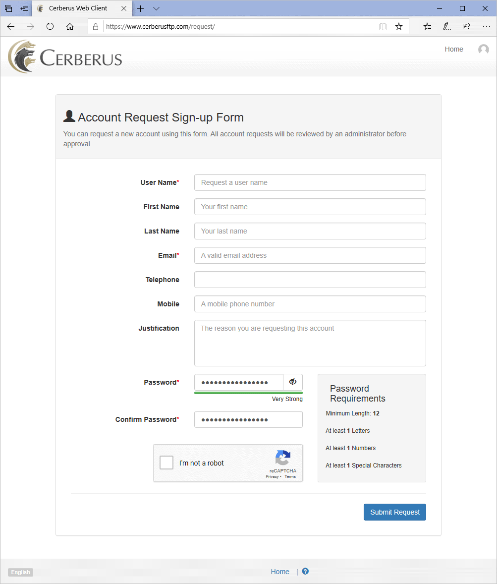 Cerberus web client request an account page