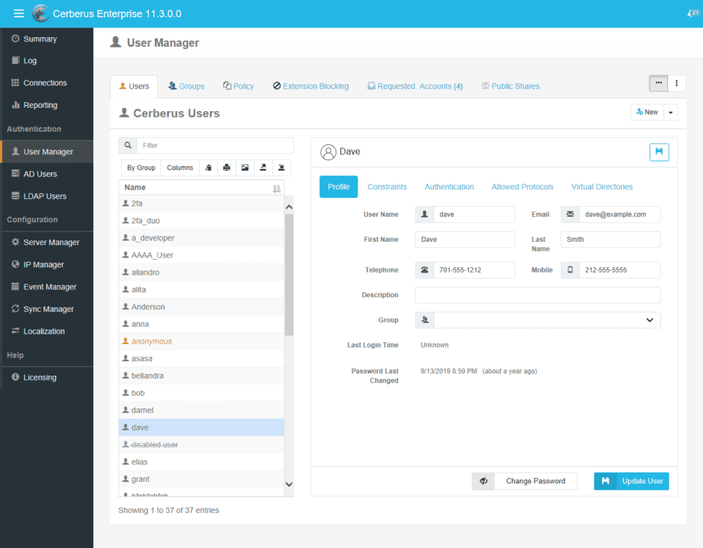 The new, horizontal Users page layout in Cerberus FTP Server 11.3