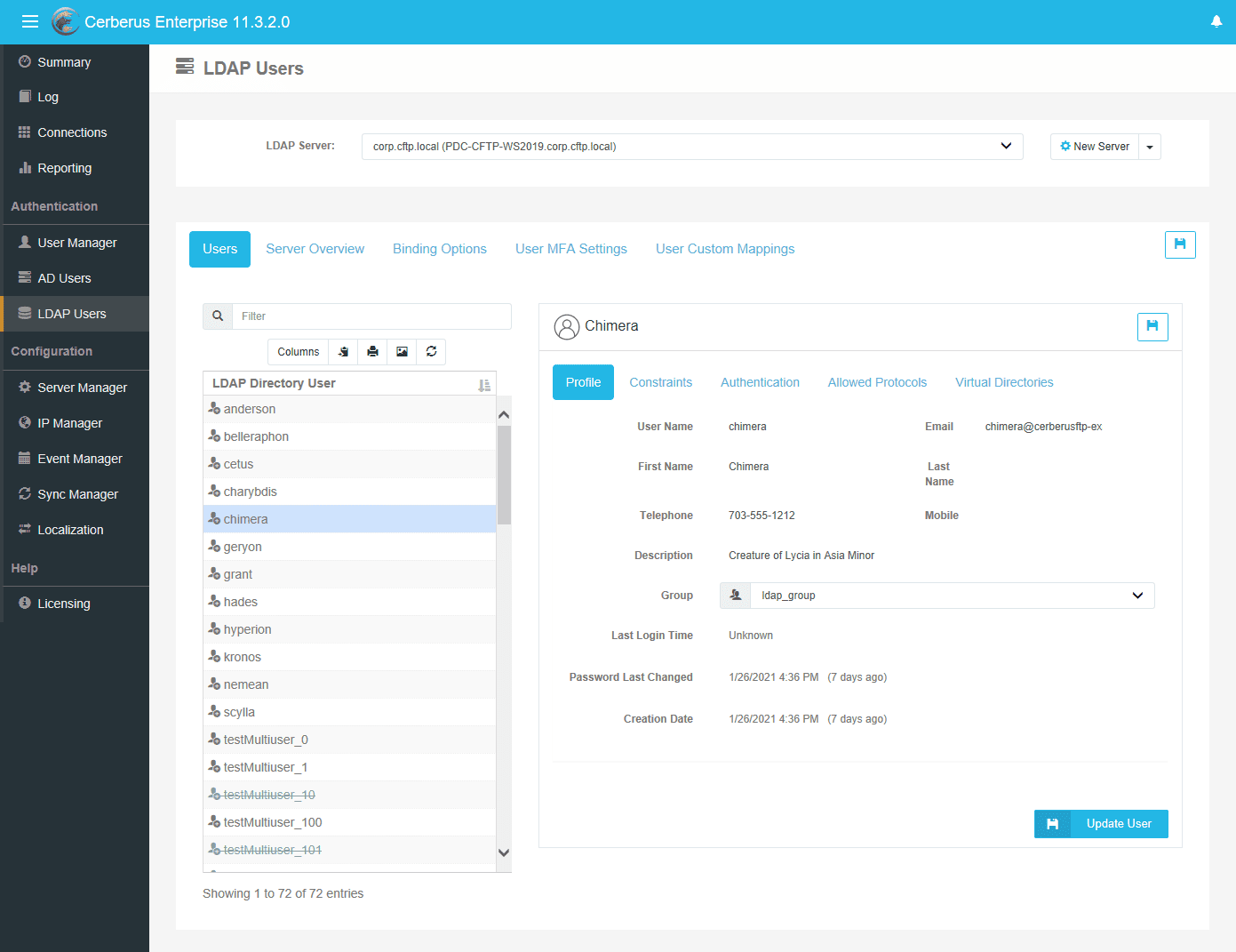 Cerberus FTP Server LDAP Users Administrative Page