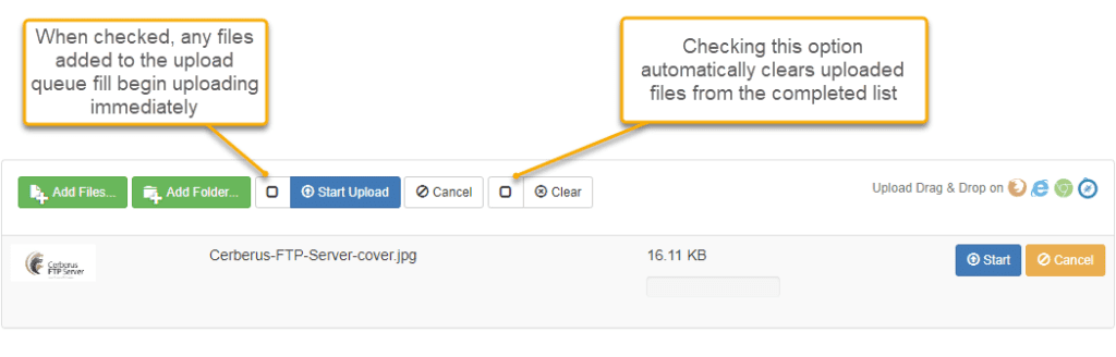 Cerberus FTP Server Web Client File Upload Auto Upload Options Settings