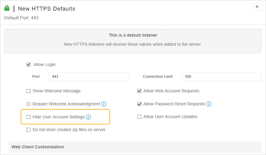 Cerberus FTP Server HTTP/S Listener Hide Account Settings Option
