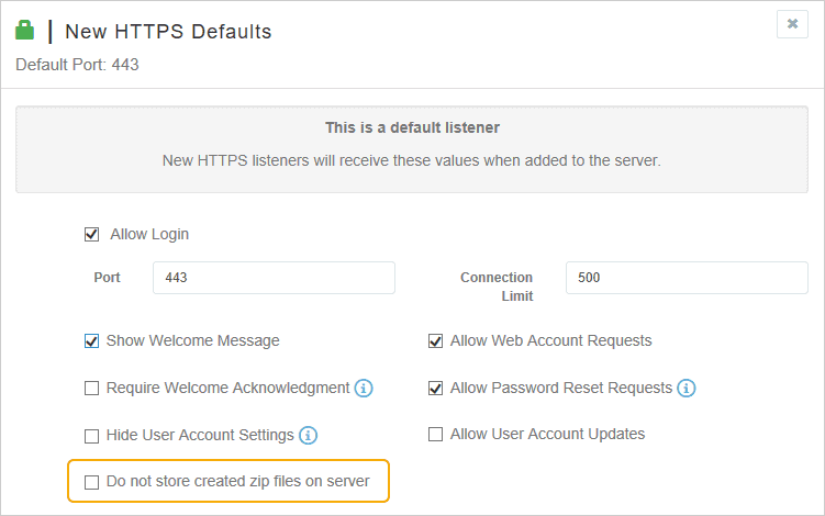 The "Do not store created zip fiels on the server" option for HTTP/S Listeners