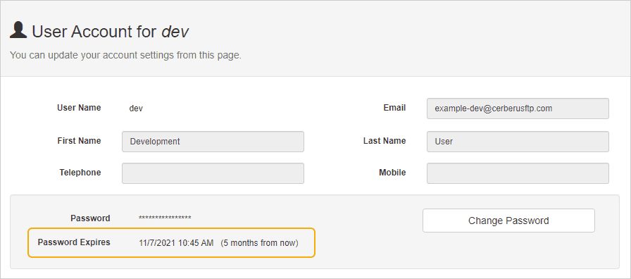 The new Password Expires message on the Account page of the Web Client