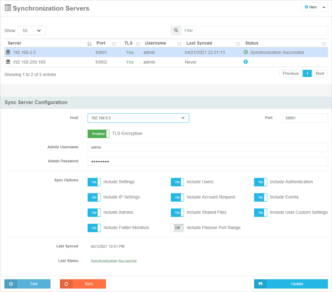 Cerberus FTP Server Sync Servers Page