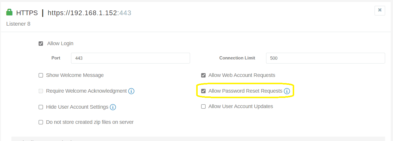 Listener configuration page, highlighting the "Allow Password Reset Requests" option