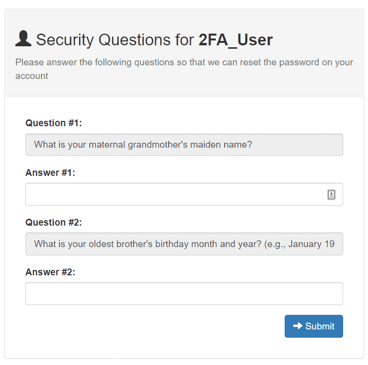 Example of the Security Question prompt