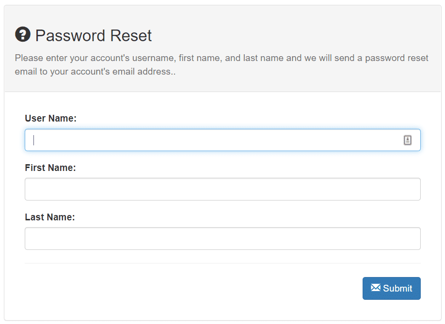 First step of password reset, provide username, first name, and last name.