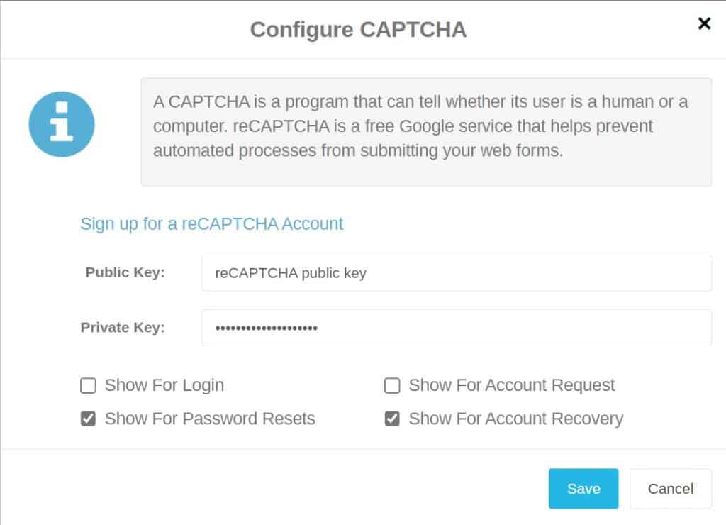 Configure CAPTCHA dialog