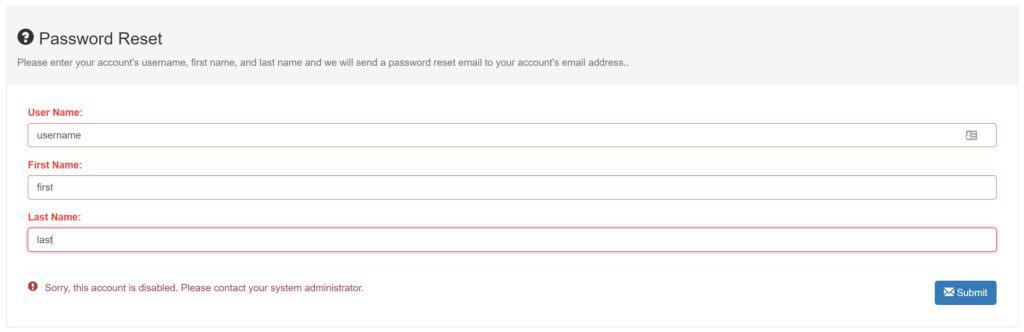 Password Reset Screen with the User Account Disabled