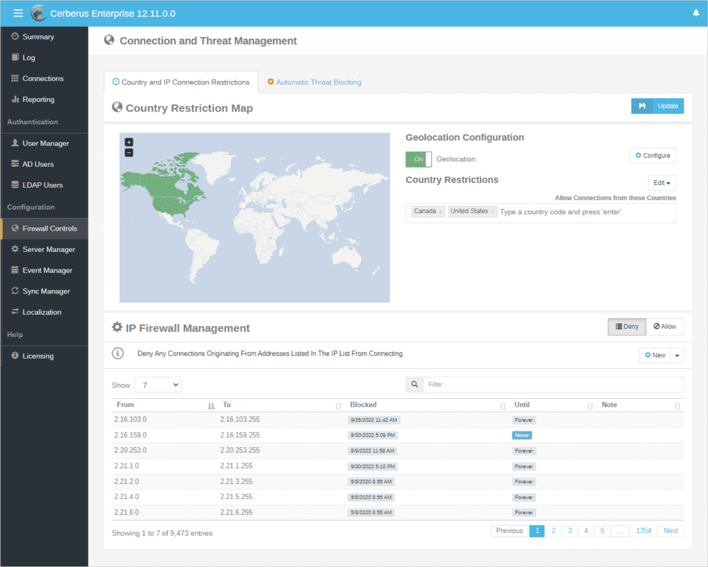Country and IP Connection Restrictions page of the Firewall Controls Manager