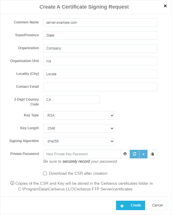 Certificate Signing Request form