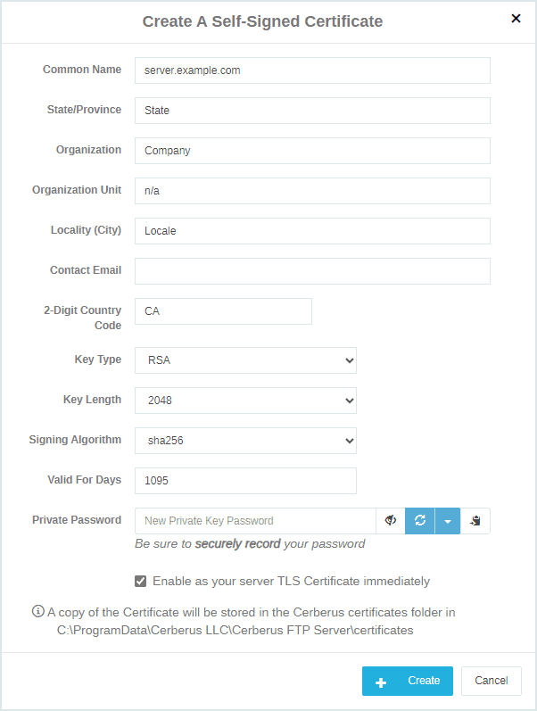 Self-Signed Certificate form