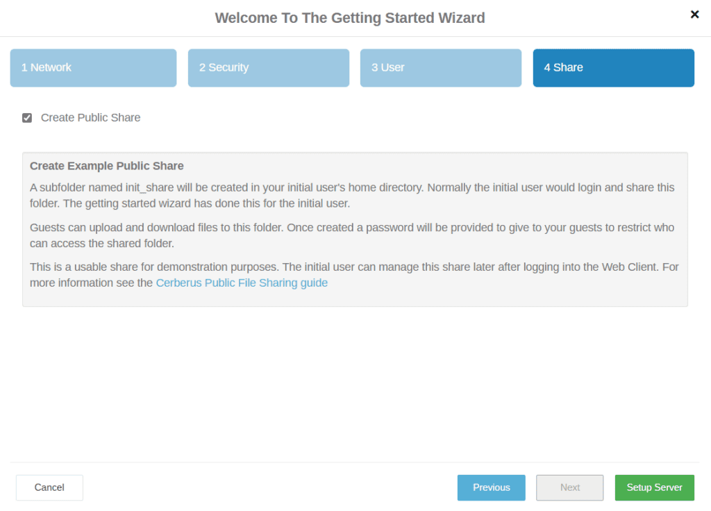 Cerberus FTP Server Getting Started Wizard initial share screen