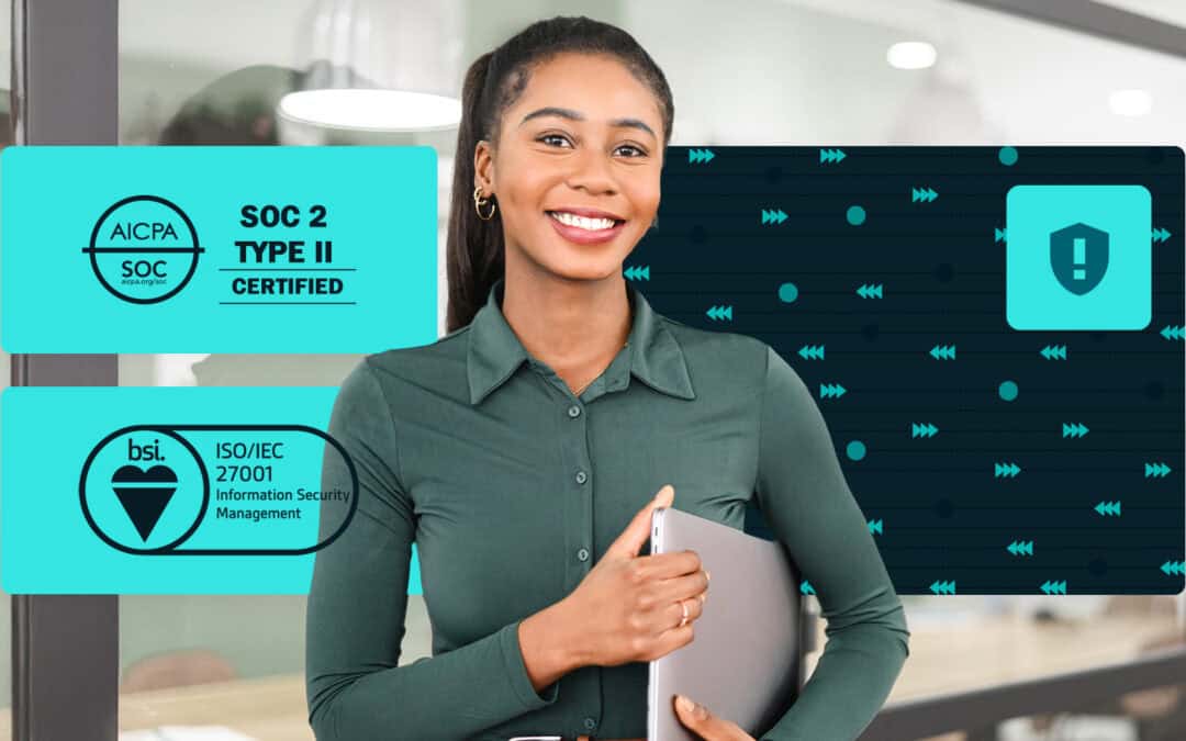 A woman standing in a modern office holding a laptop and smiling, with graphics beside her displaying SOC 2 Type II and ISO/IEC 27001 security certifications and a teal shield icon on a dark patterned background.